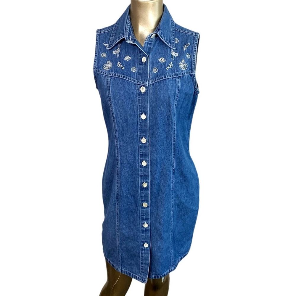 VTG True Blue Embroidered Denim Dress Womens 11/12 Sleeveless Button Front Y2K